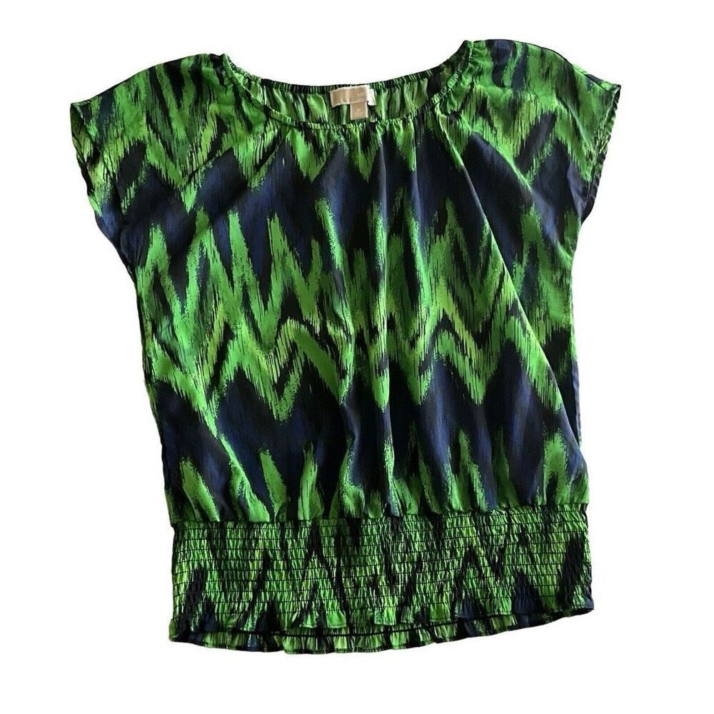 Michael Kors Womens Green Blue Top M Peplum Blouse Vivid Colors Cap Short Sleeve
